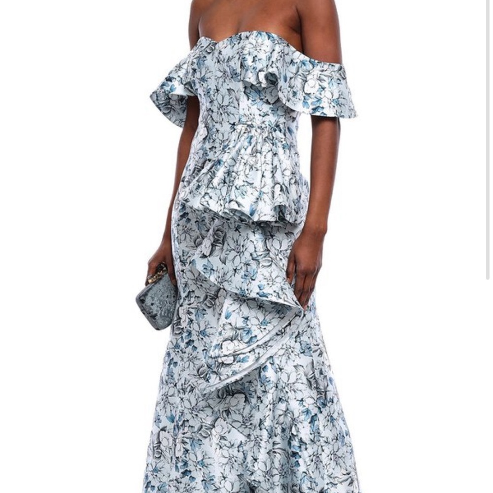 Badgley Mischka Off-Shoulder Floral Maxi Dress in White and Light Blue